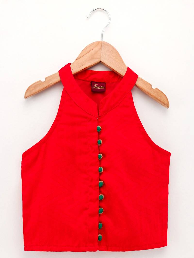 Chevron Design Top With Printed Dhoti Pants- Red & Yellow