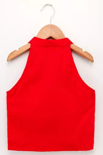 Chevron Design Top With Printed Dhoti Pants- Red & Yellow