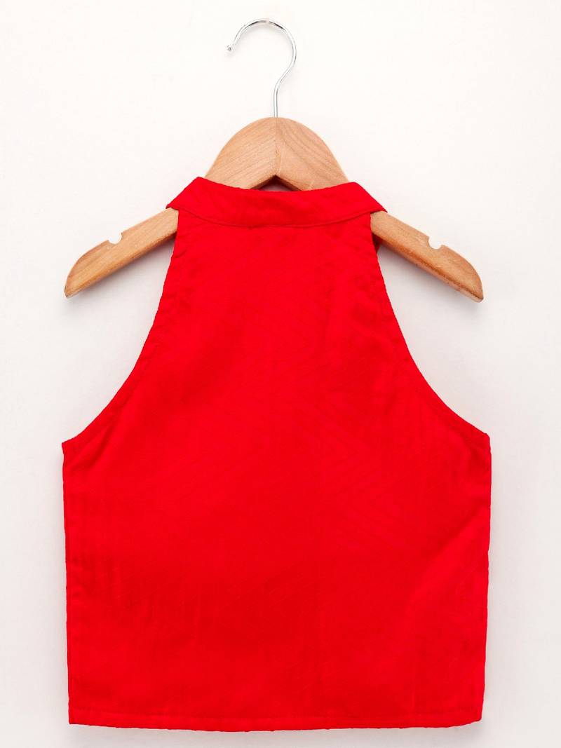 Chevron Design Top With Printed Dhoti Pants- Red & Yellow