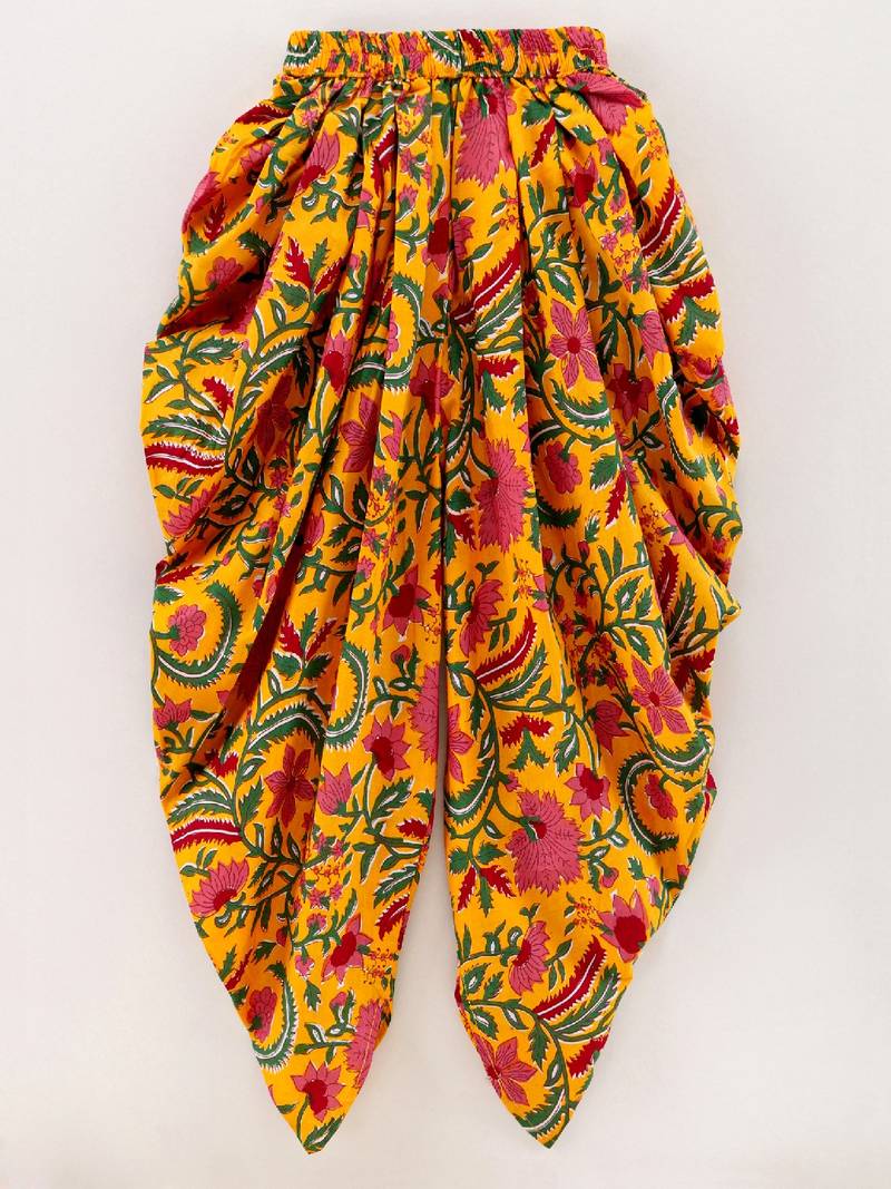 Chevron Design Top With Printed Dhoti Pants- Red & Yellow