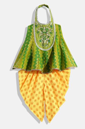Halter Neck Printed Top With Printed Dhoti Pants- Green & Yellow