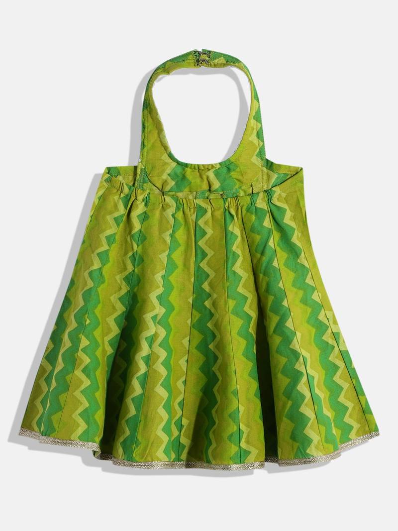 Halter Neck Printed Top With Printed Dhoti Pants- Green & Yellow