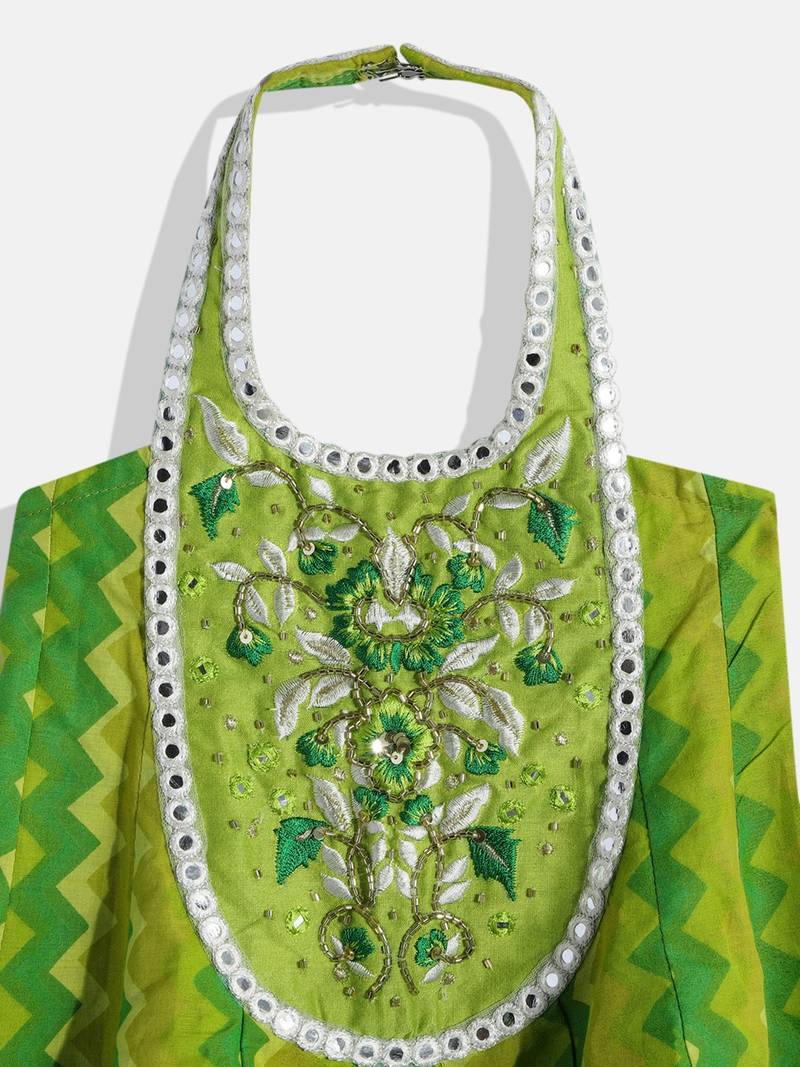 Halter Neck Printed Top With Printed Dhoti Pants- Green & Yellow