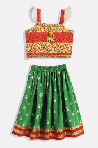 Orange Printed Choli With Printed Ghagra- Orange & Green