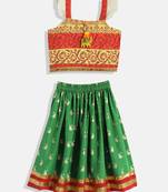 Orange Printed Choli With Printed Ghagra- Orange & Green