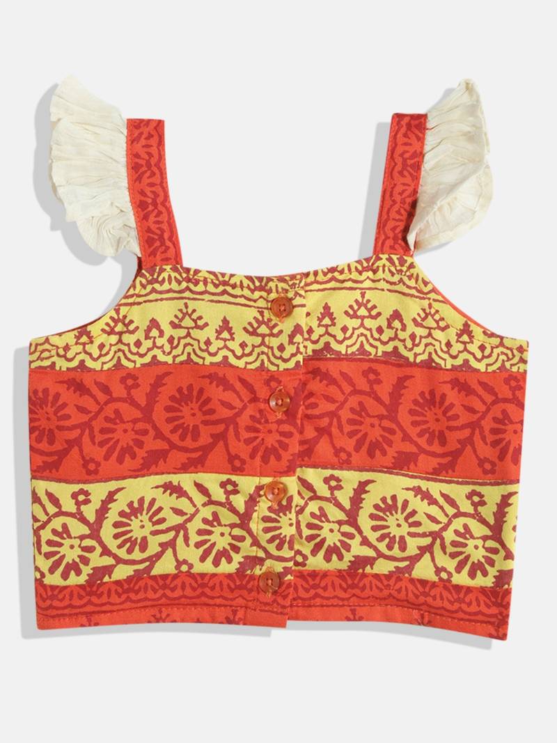 Orange Printed Choli With Printed Ghagra- Orange & Green