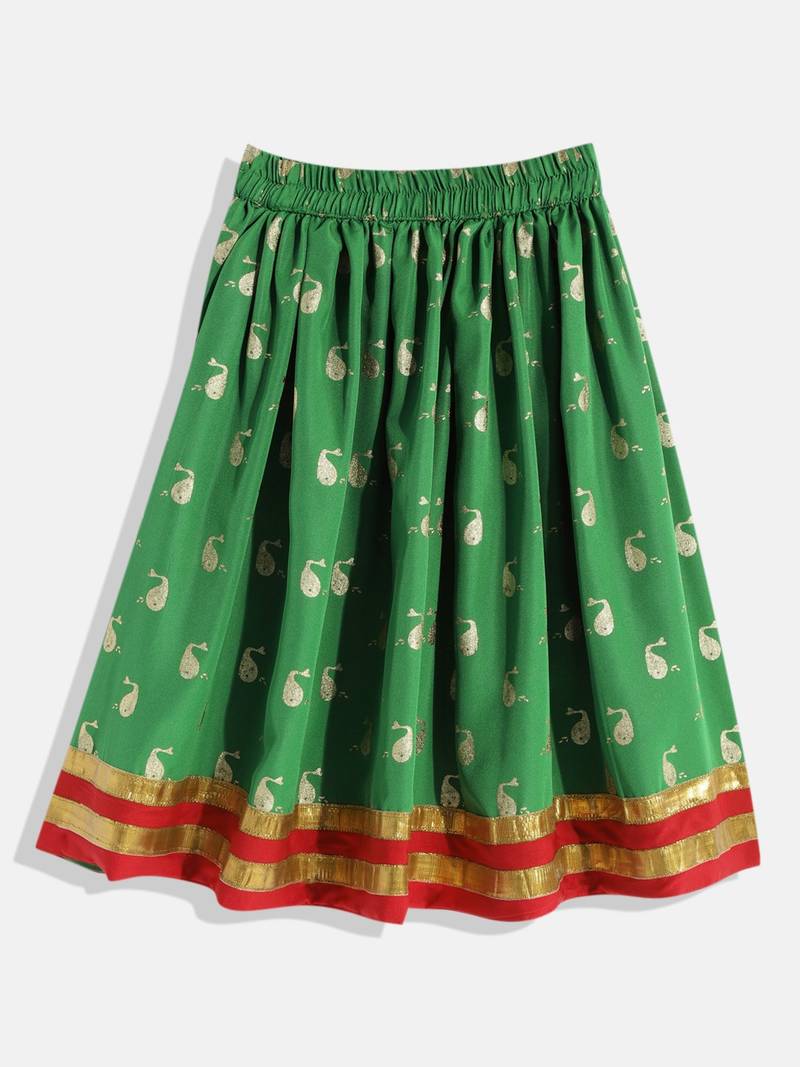 Orange Printed Choli With Printed Ghagra- Orange & Green