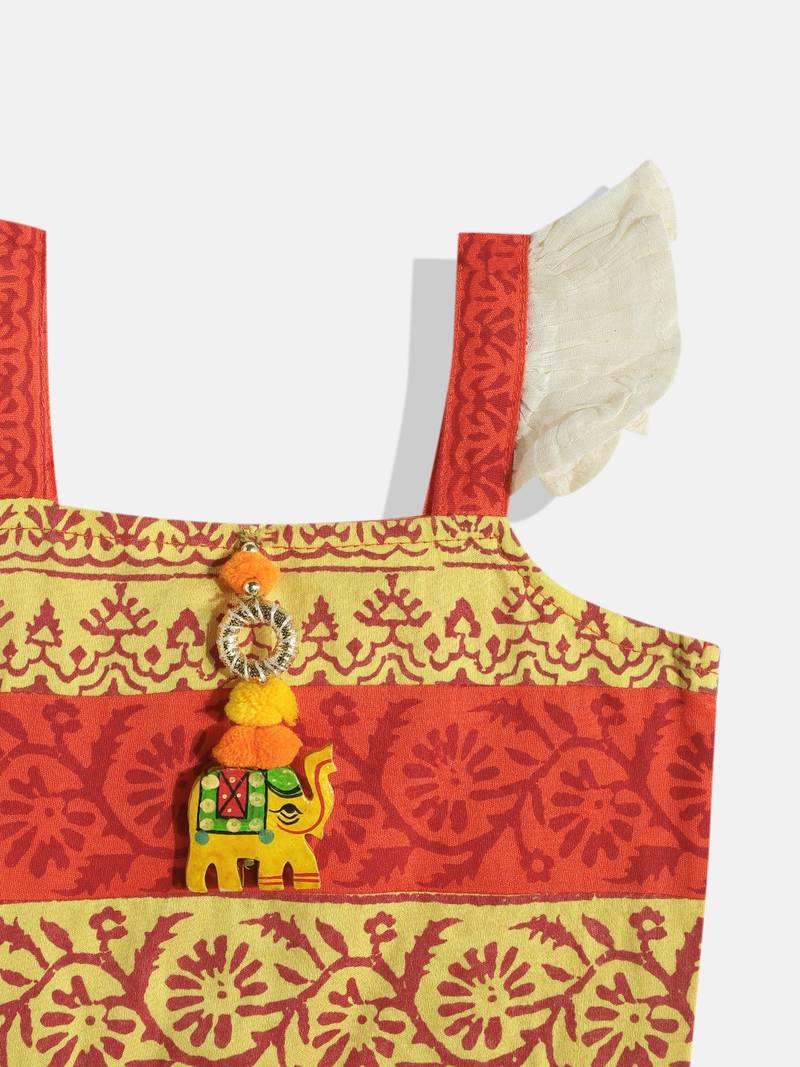 Orange Printed Choli With Printed Ghagra- Orange & Green