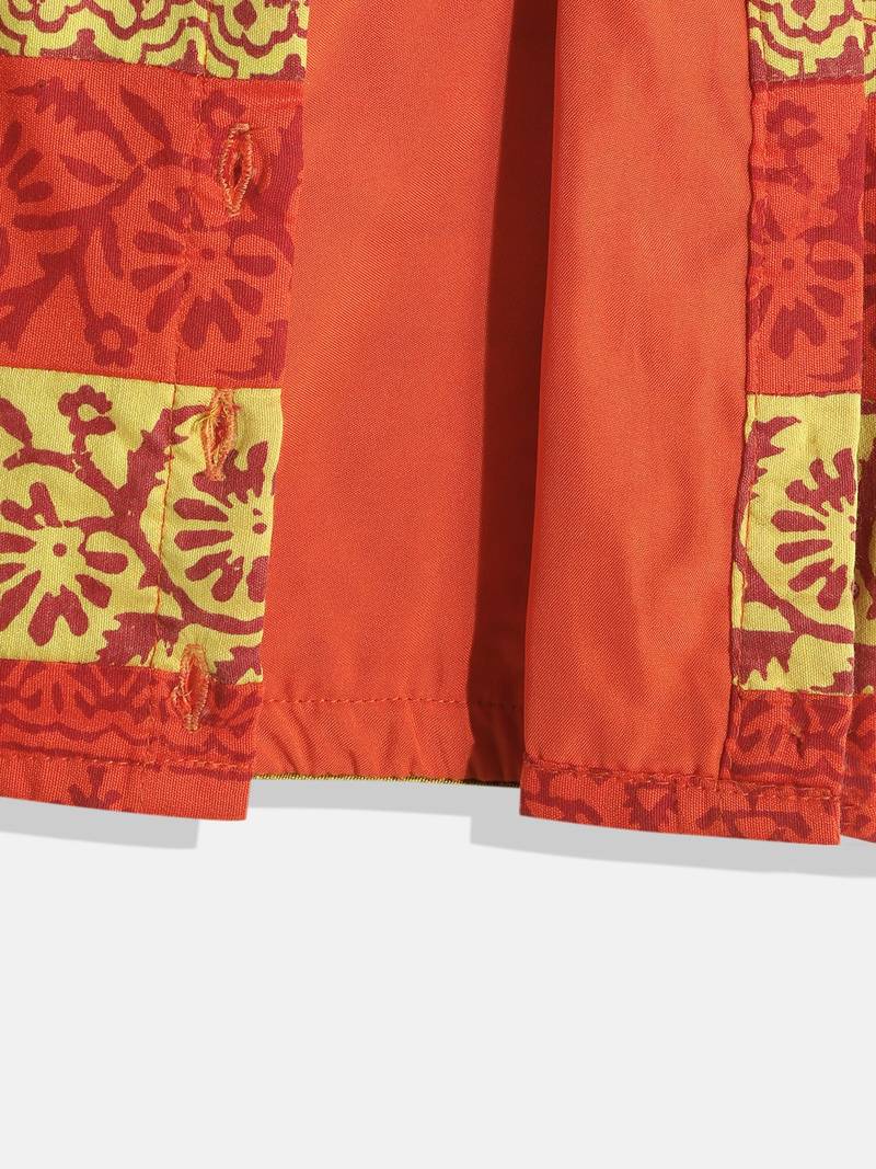 Orange Printed Choli With Printed Ghagra- Orange & Green