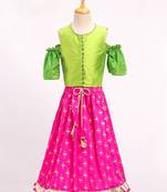 Cold Shoulder Choli With Printed Ghagra- Green & Pink