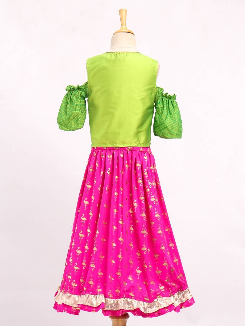 Cold Shoulder Choli With Printed Ghagra- Green & Pink