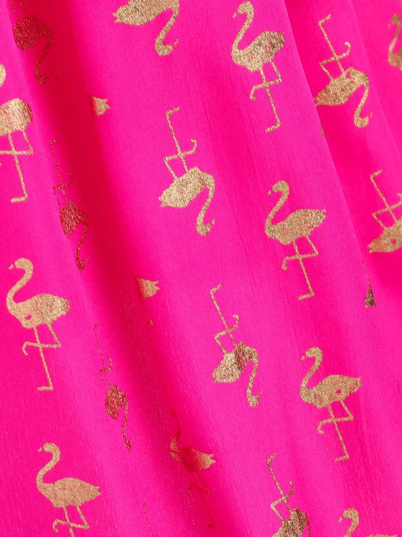 Cold Shoulder Choli With Printed Ghagra- Green & Pink