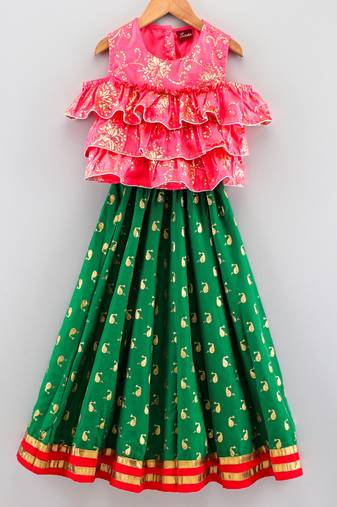Self Design Cold Shoulder Choli With Printed Ghagra- Coral & Green