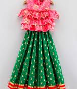 Self Design Cold Shoulder Choli With Printed Ghagra- Coral & Green