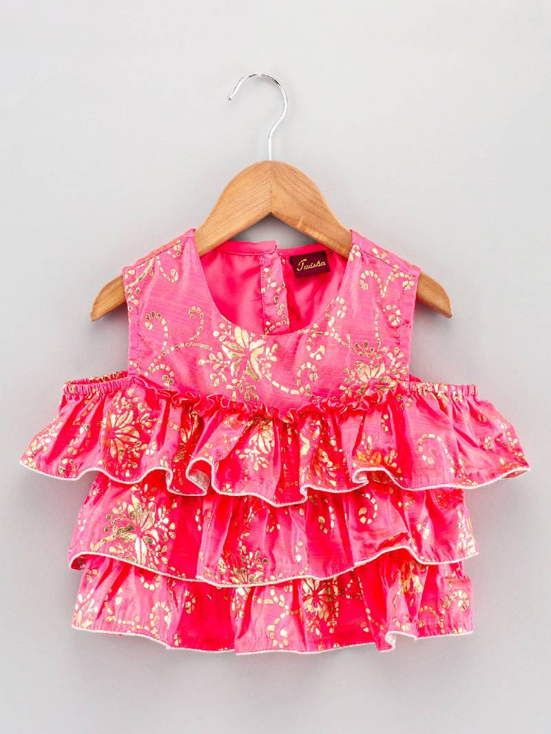 Self Design Cold Shoulder Choli With Printed Ghagra- Coral & Green