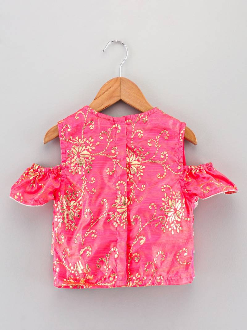 Self Design Cold Shoulder Choli With Printed Ghagra- Coral & Green