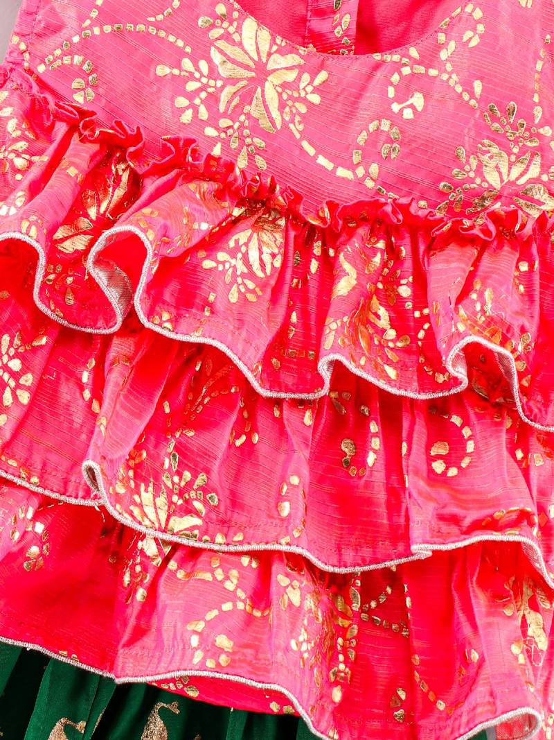 Self Design Cold Shoulder Choli With Printed Ghagra- Coral & Green