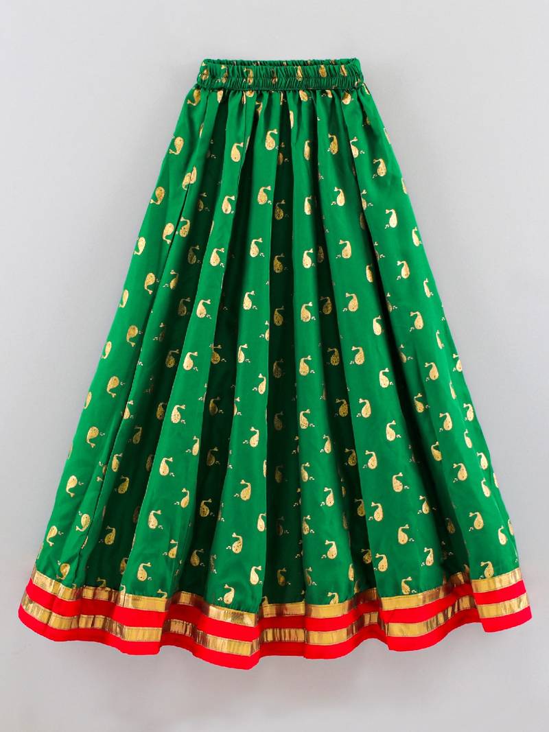 Self Design Cold Shoulder Choli With Printed Ghagra- Coral & Green