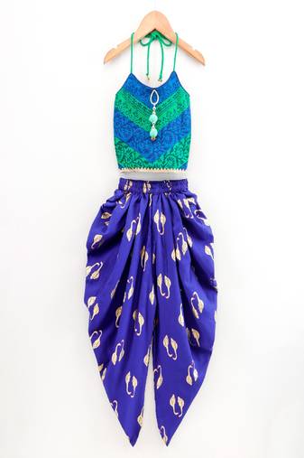Printed Top With Printed Dhoti Pants- Green & Blue