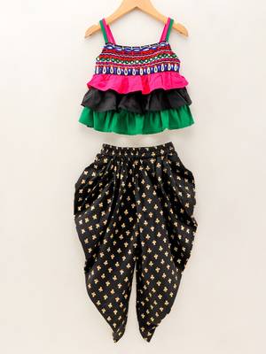 Ruffled Top With Printed Dhoti Pants- Black 1