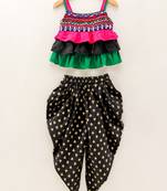 Ruffled Top With Printed Dhoti Pants- Black