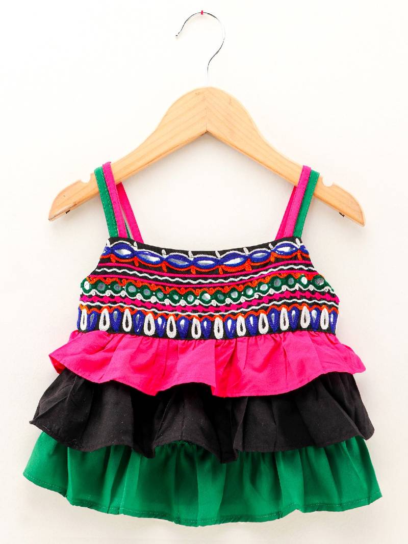 Ruffled Top With Printed Dhoti Pants- Black