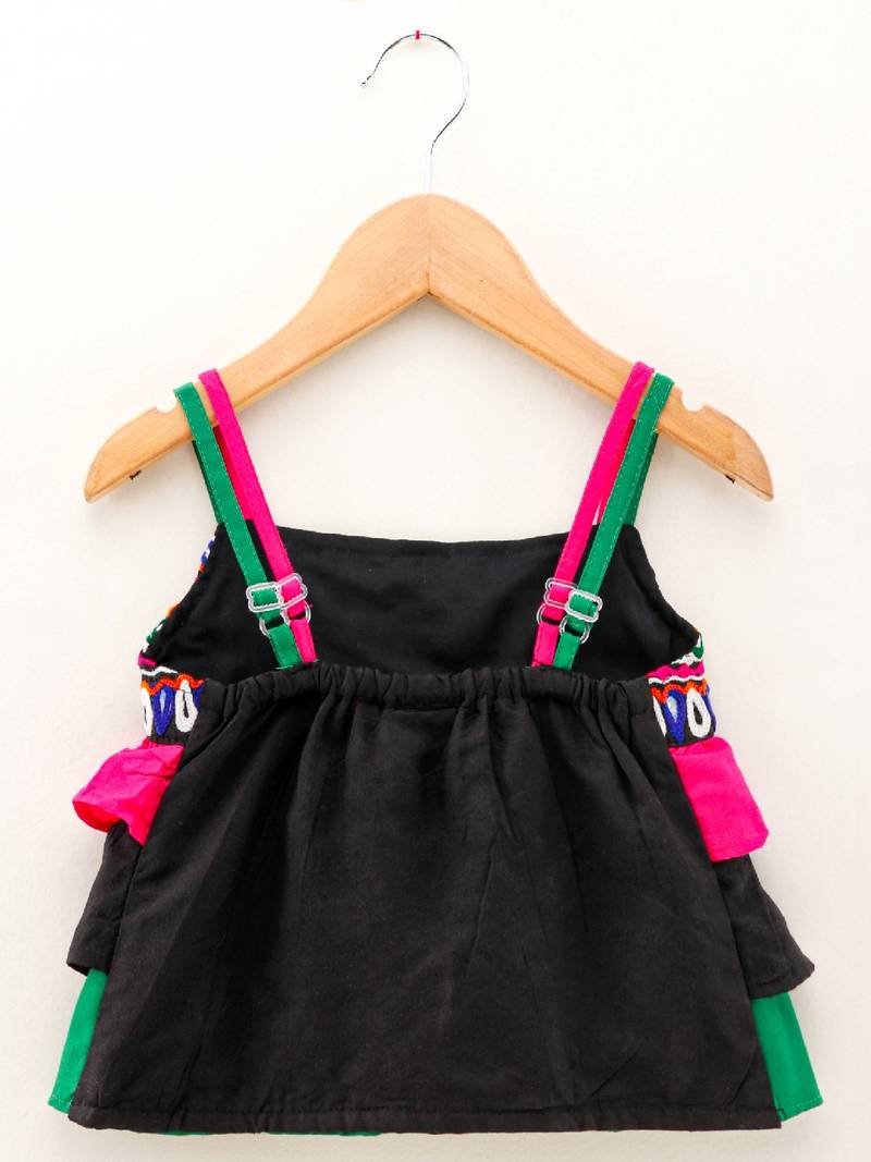 Ruffled Top With Printed Dhoti Pants- Black