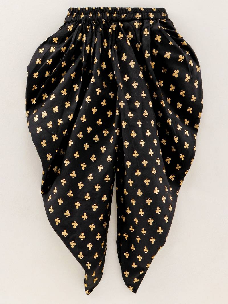 Ruffled Top With Printed Dhoti Pants- Black