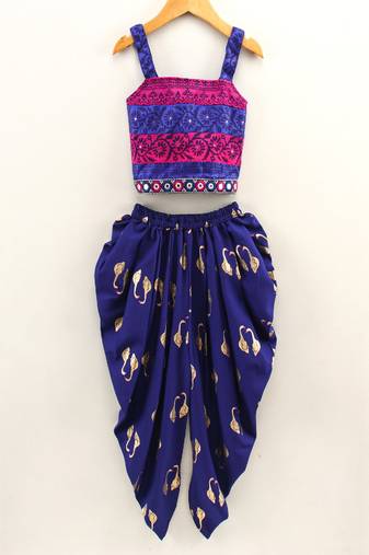 Top With Printed Dhoti Pants- Blue