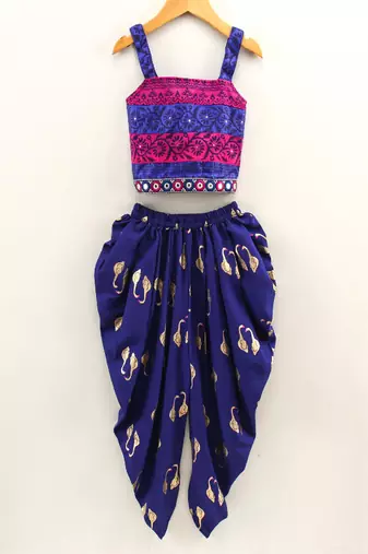 Top With Printed Dhoti Pants- Blue