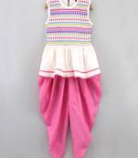 Cotton Printed Knit Top With Dhoti Pants- White & Pink