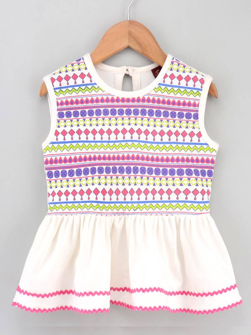 Cotton Printed Knit Top With Dhoti Pants- White & Pink