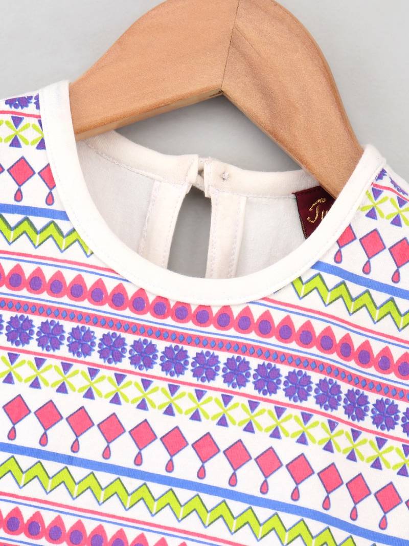 Cotton Printed Knit Top With Dhoti Pants- White & Pink