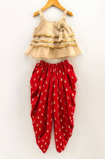 Printed Top With Printed Dhoti Pants- Cream & Red