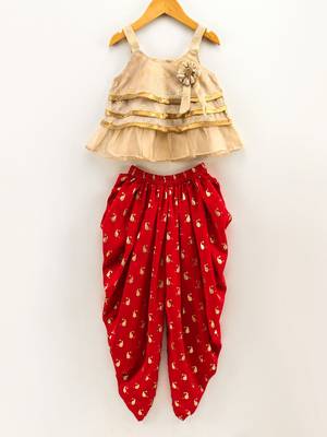 Printed Top With Printed Dhoti Pants- Cream & Red 1