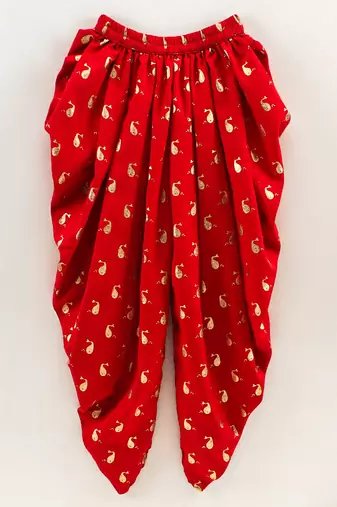 Printed Top With Printed Dhoti Pants- Cream & Red