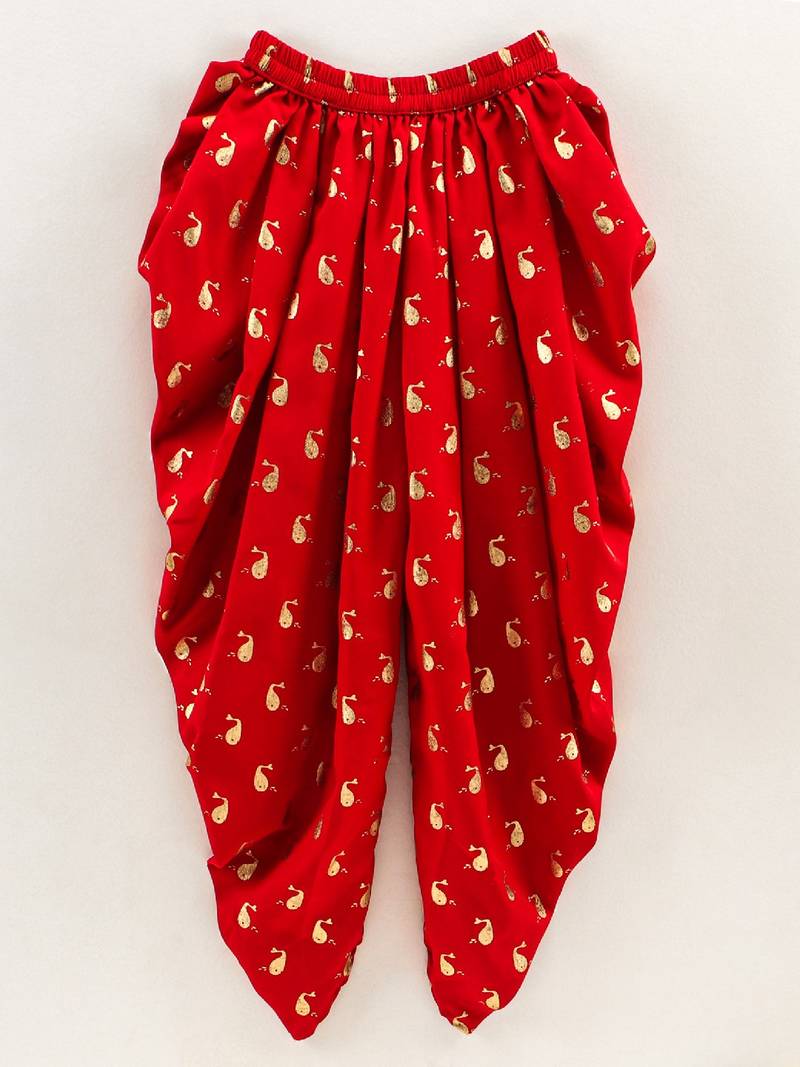 Printed Top With Printed Dhoti Pants- Cream & Red