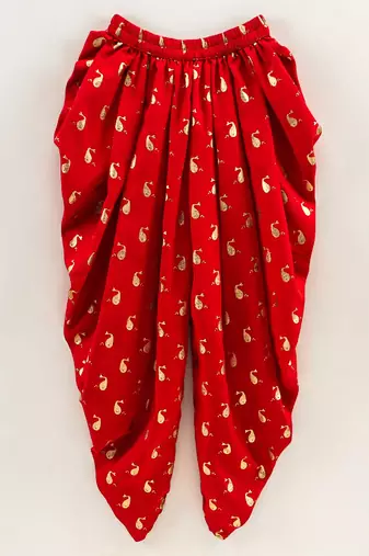 Printed Top With Printed Dhoti Pants- Cream & Red