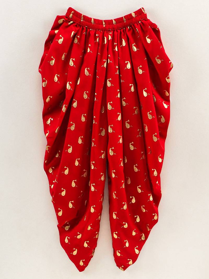 Printed Top With Printed Dhoti Pants- Cream & Red