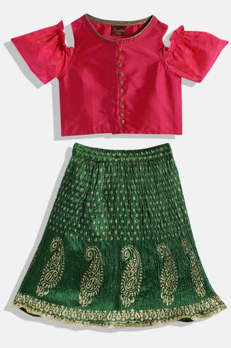 Cold Shoulder Choli With Printed Crush Effect Ghagra- Pink & Green