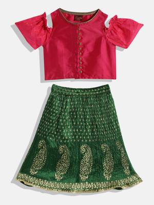 Cold Shoulder Choli With Printed Crush Effect Ghagra- Pink & Green 1