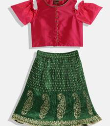 Cold Shoulder Choli With Printed Crush Effect Ghagra- Pink & Green