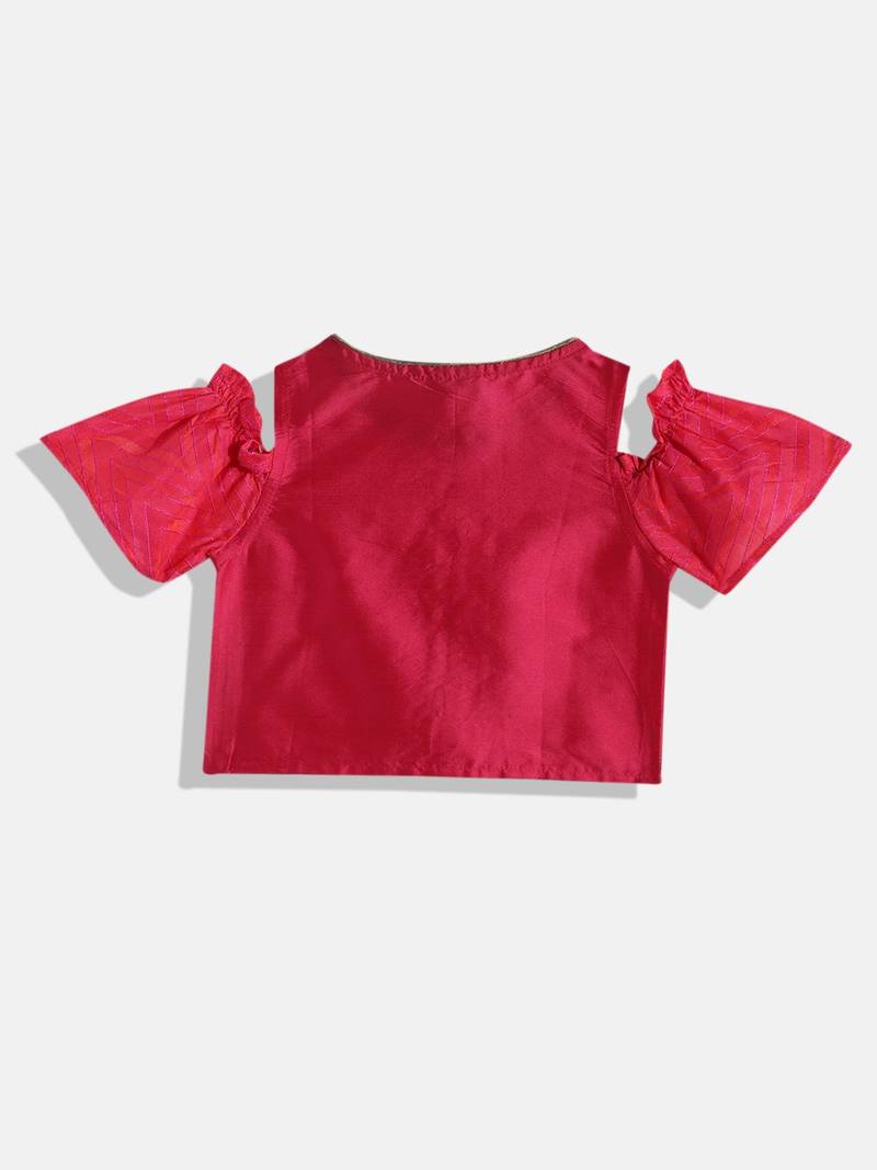 Cold Shoulder Choli With Printed Crush Effect Ghagra- Pink & Green