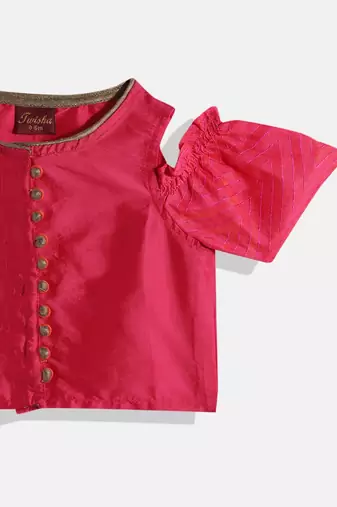 Cold Shoulder Choli With Printed Crush Effect Ghagra- Pink & Green