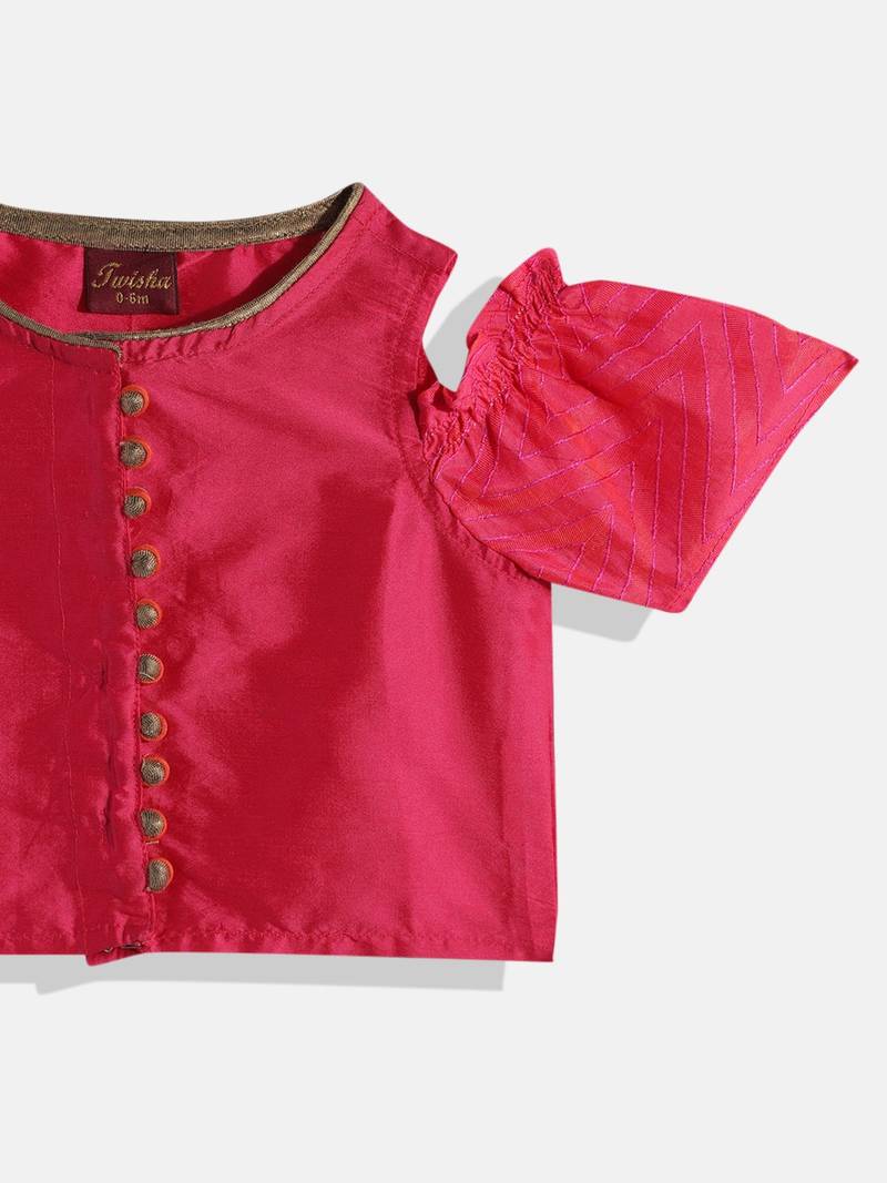 Cold Shoulder Choli With Printed Crush Effect Ghagra- Pink & Green