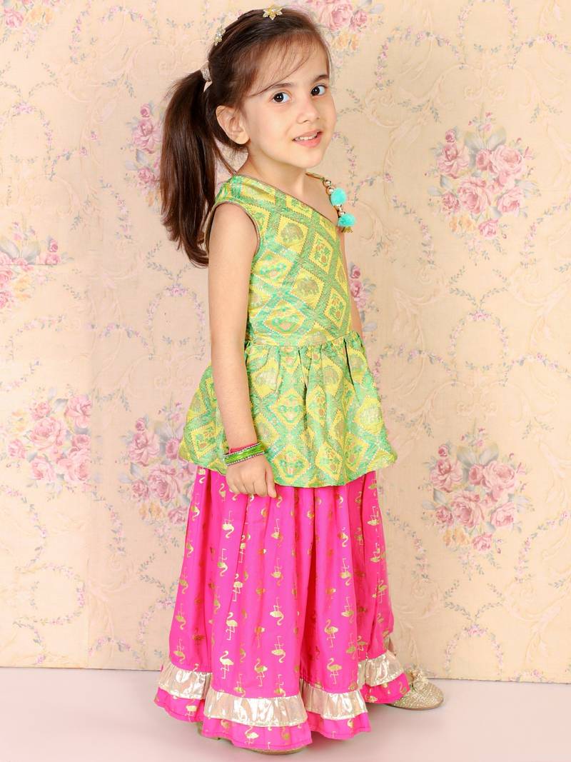 One Shoulder Choli With Printed Ghagra- Green & Pink