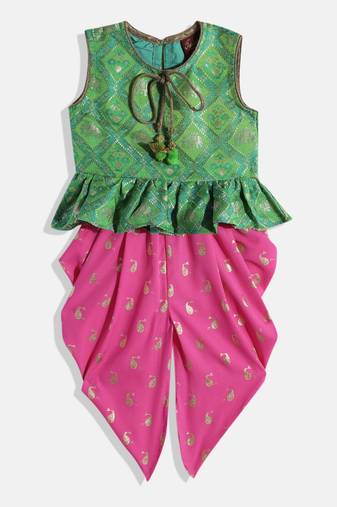 Self Design Peplum Top With Printed Dhoti Pants- Green & Pink