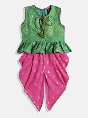 Self Design Peplum Top With Printed Dhoti Pants- Green & Pink 1