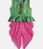 Self Design Peplum Top With Printed Dhoti Pants- Green & Pink