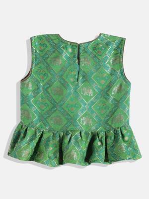 Self Design Peplum Top With Printed Dhoti Pants- Green & Pink 2